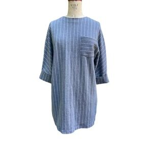 Zara Collection Womens Mini Shift Dress Gray 3/4 Sleeves Stripe Pattern Pocket M